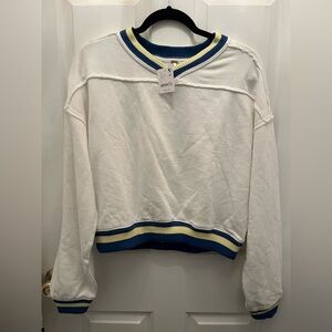 Free People White and Blue V-Neck Sweater